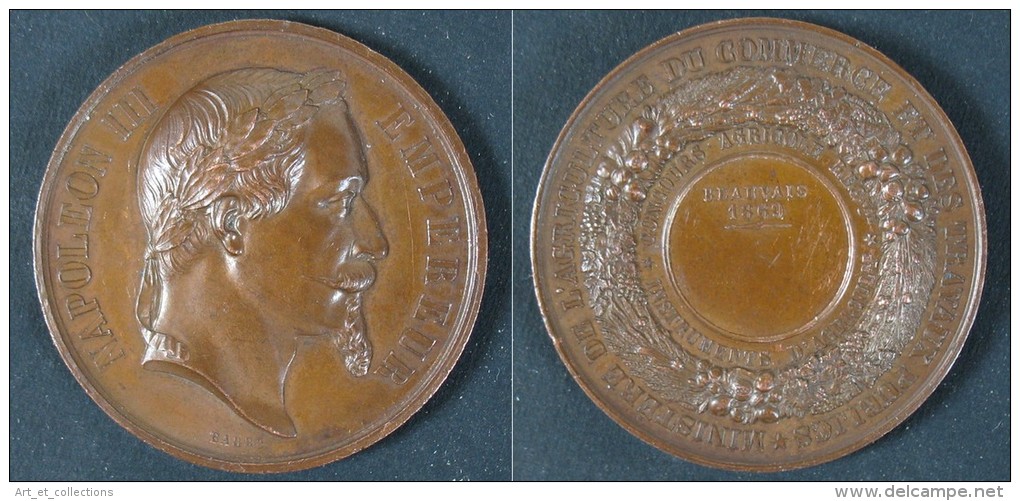 Superbe Médaille De Napoléon III Lauré De 1869 à Beauvais / BARRE Graveur - Professionals/Firms