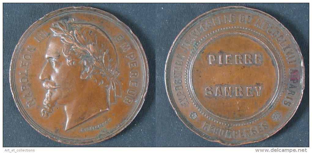 Belle Médaille De Napoléon III Lauré De 1867 Pour L’Exposition Universelle De Paris / Ponscarme Graveur - Professionnels / De Société