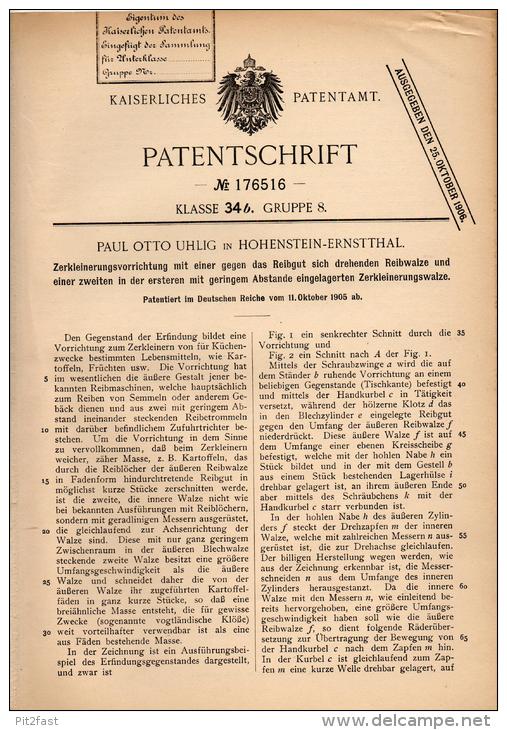 Original Patentschrift - P. Uhlig In Hohenstein-Ernstthal , 1905 . Zerkleinerungsmaschine Für Lebensmittel !!! - Machines