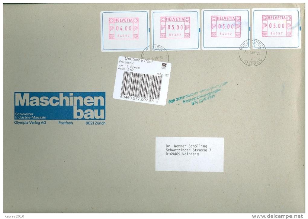 Schweiz 1999 Automatenmarken Brief Olympia-Verlag AG Zürich Label Frachtzentrum Speyer Brief Nach Deutschland - Automatenzegels