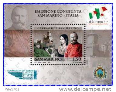 EMISSIONE CONGIUNTA SAN MARINO - ITALIA: GARIBALDI A SAN MARINO - Euro 1,50 - 2011 - FOGLIETTO NUOVO MNH ** - Unused Stamps