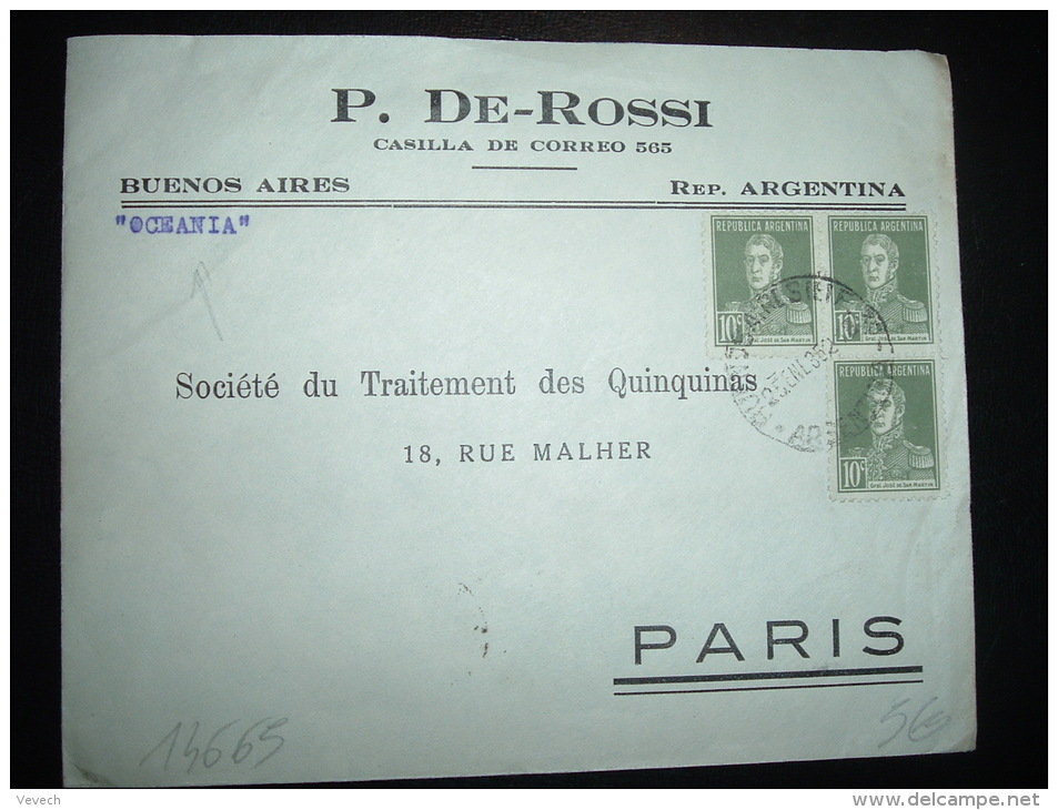 LETTRE POUR LA FRANCE TP 10C X3 OBL. HOROPLAN 25 ENE 35 BUENOS-AIRES + OCEANIA + P. DE-ROSSI - Storia Postale