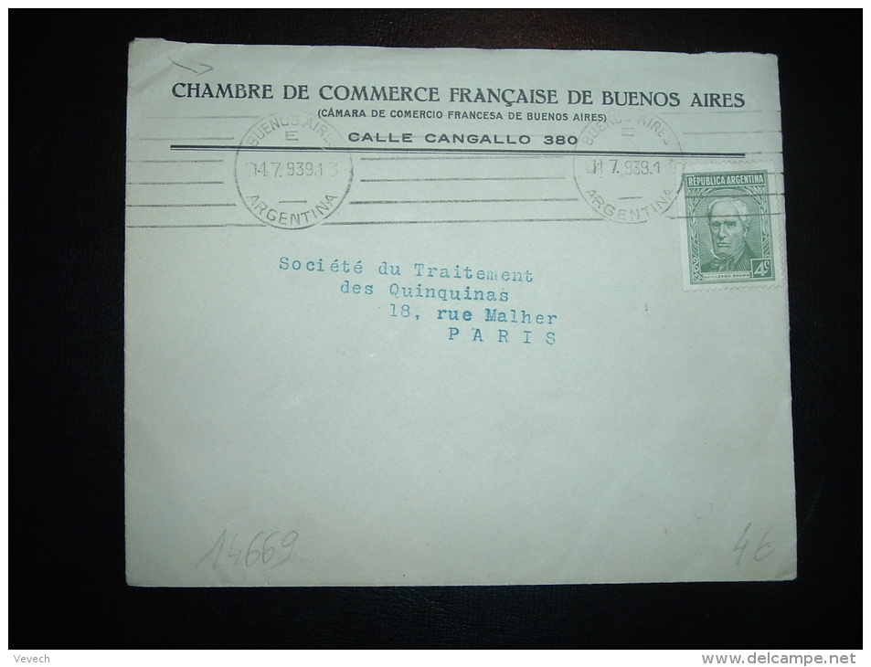 LETTRE POUR LA FRANCE TP 4C OBL.MEC. 14-7-939 BUENOS-AIRES + CHAMBRE DE COMMERCE - Covers & Documents