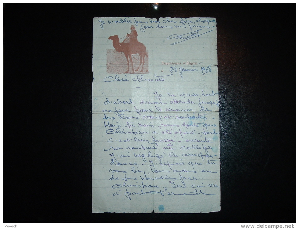 LETTRE ECRITE DATEE 28 JANVIER 1958 A ENTETE ILLUSTREE + IMPRESSIONS D'ALGERIE - Lettres & Documents