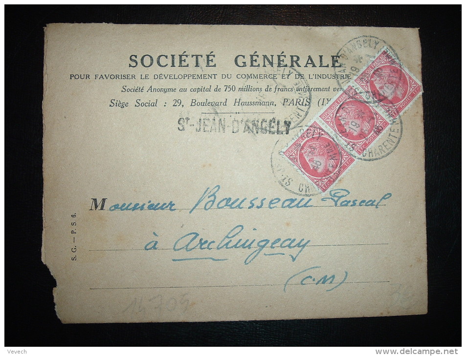 LETTRE TP CERES DE MAZELIN 1F X3 OBL. 26-11-46 ST JEAN D'ANGELY (17 CHARENTE MARITIME) + BANQUE SOCIETE GENERALE - 1945-47 Cérès De Mazelin