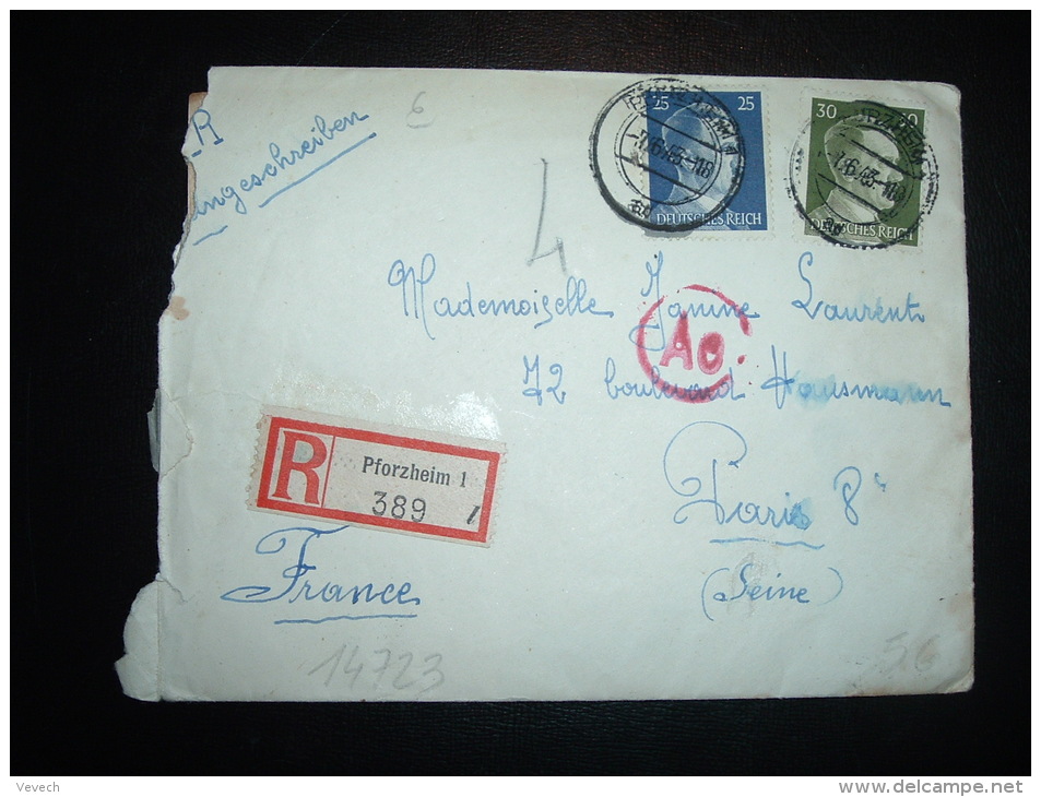 LR POUR LA FRANCE TP 30 + 25 OBL.7.6.43 PFORZHEIM 1 + CENSURE - Guerre De 1939-45