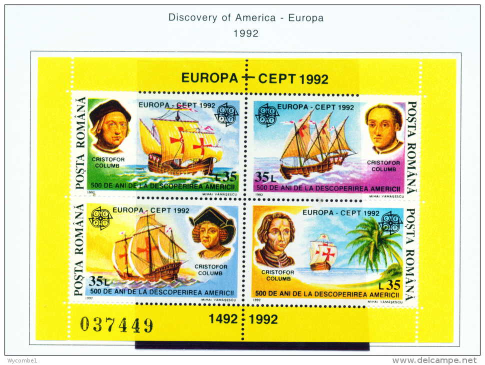ROMANIA - 1992  Europa Miniature Sheet  Unmounted Mint - Unused Stamps
