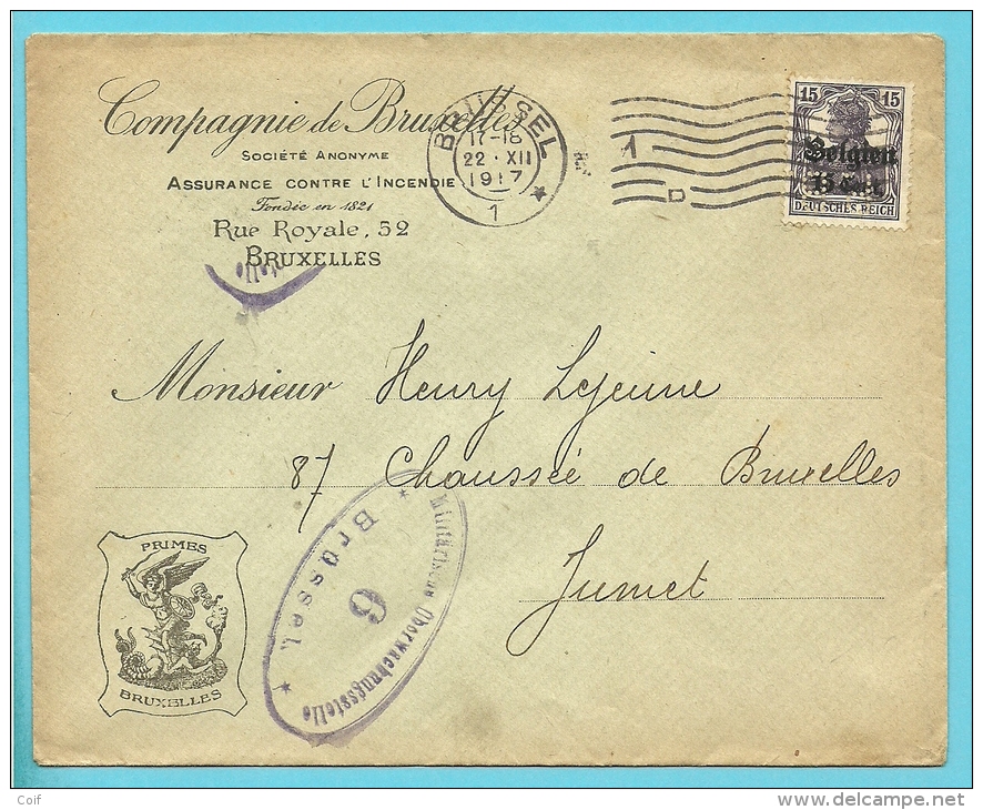 BZ 16 Op Brief Met Stempel BRUSSEL, Firmaperforatie (perfin) " P.B. " Van Compagnie De Bruxelles - 1909-34