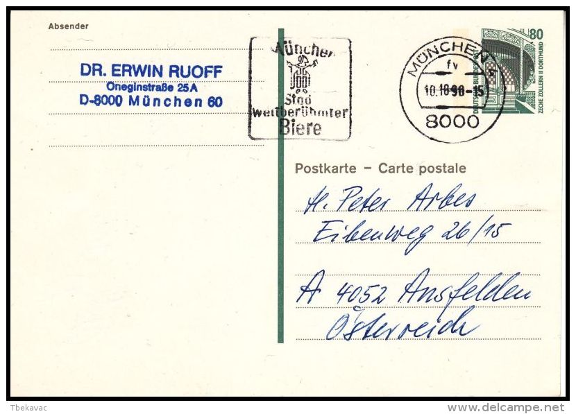 Germany 1990, Postal Stationery Munchen To Ausfelden - Postcards - Used