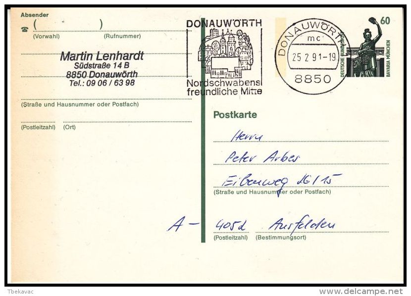 Germany 1991, Postal Stationery Donauworth To Ausfelden - Cartoline - Usati