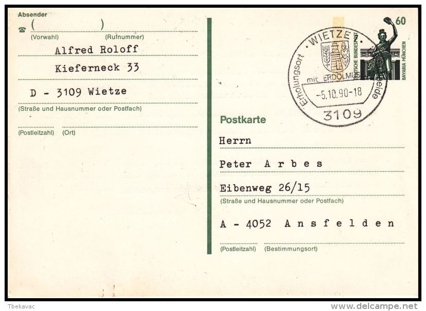 Germany 1990, Postal Stationery Wietze To Ausfelden - Postkarten - Gebraucht