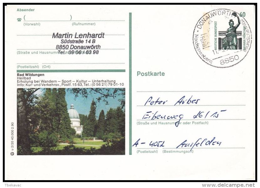 Germany 1990, Postal Stationery Donauworth To Ausfelden - Cartoline - Usati