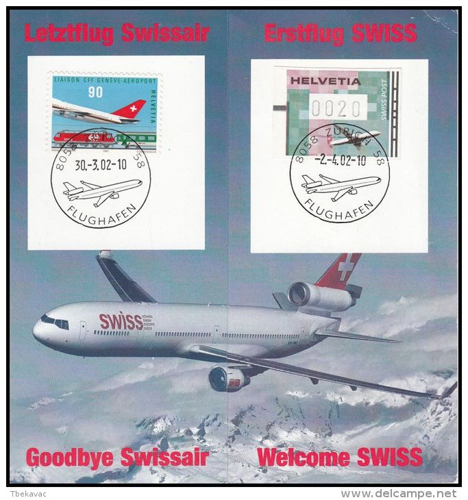 Switzerland 2002, Souvenir Leaf  "Last Flight Swissair - First Flight Swiss" - Erst- U. Sonderflugbriefe