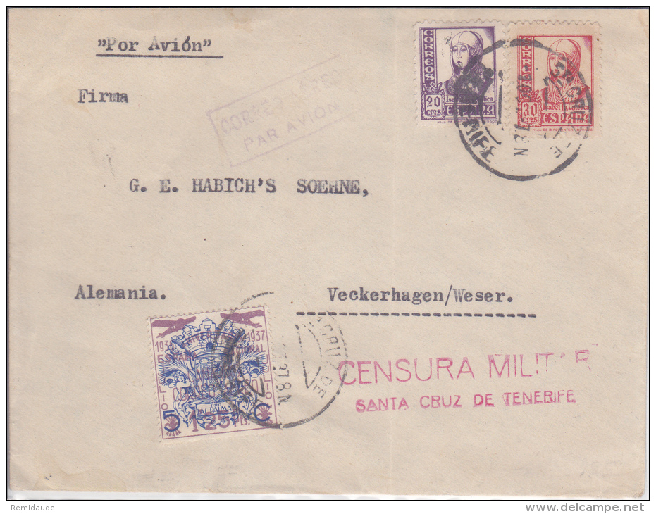 ESPAGNE - 1937 - ENVELOPPE Par AVION De SANTA CRUZ DE TENERIFE Avec CENSURE Pour VECKERHAGEN (GERMANY) - POSTE AERIENNE - Emissioni Nazionaliste