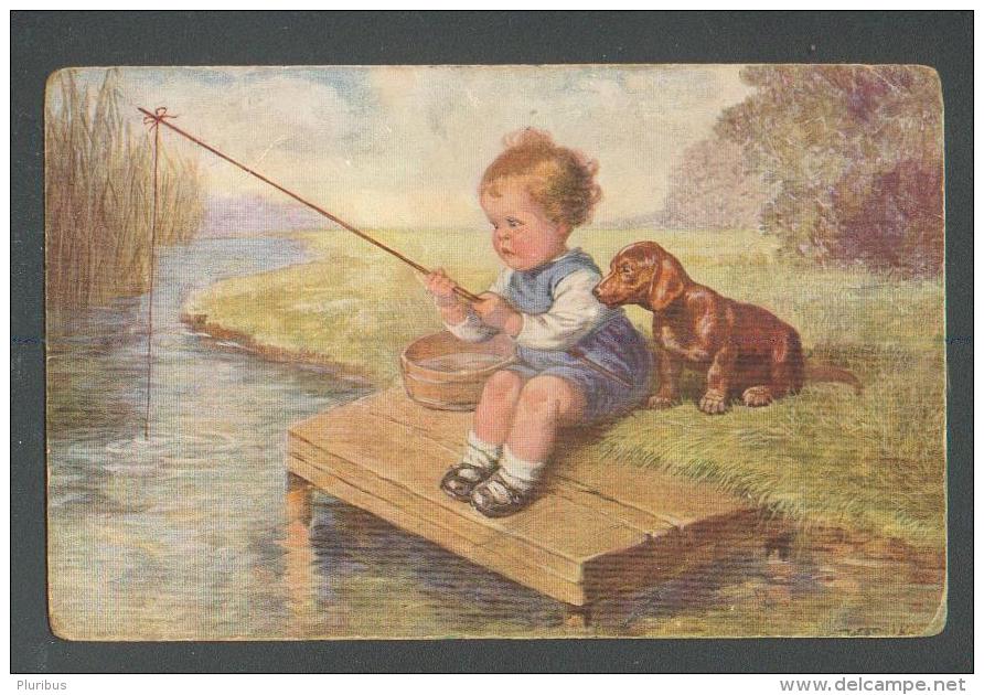 LITTLE BOY  FISHING  WITH DOG  BASSET  DACHSHUND   , OLD POSTCARD, O - Humorous Cards