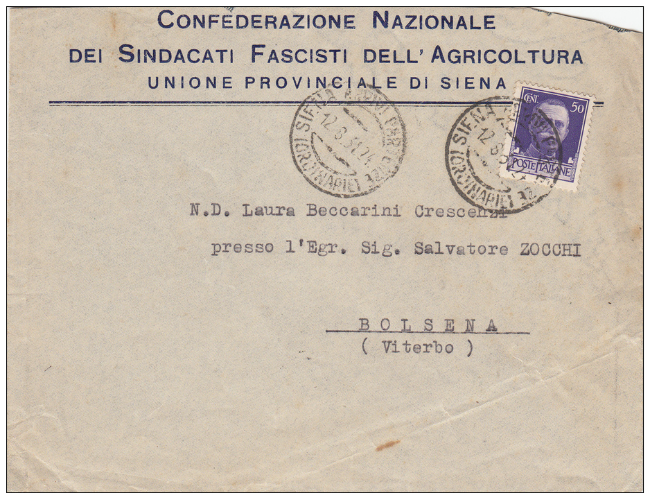 SIENA 1931 - CONFEDERAZIONE NAZIONALE SINDACATI FASCISTI DELL'AGRICOLTURA  -   L2401 - Storia Postale