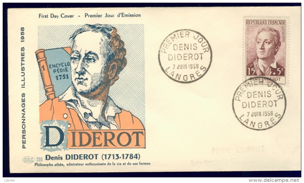 FRANCE 1958 FDC YV 1168 CELEBRITIES, DENIS DIDEROT, PHILOSOPHER, OBLITE LANGRES 07-06-1958. - 1950-1959