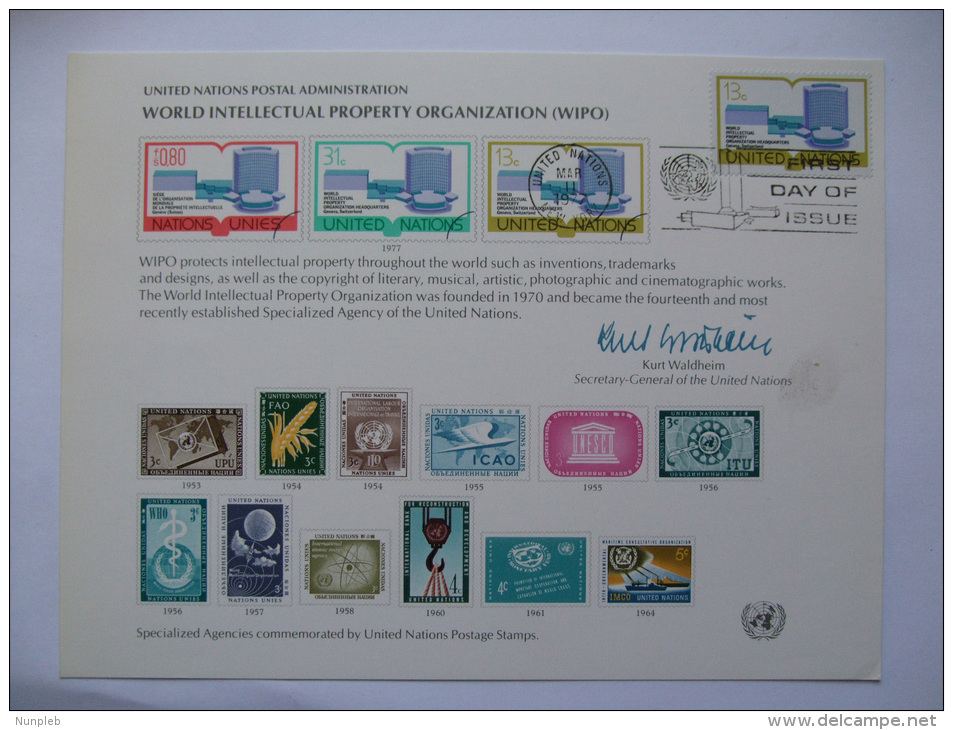 UNITED NATIONS FDC SOUVENIR CARD NEW YORK POSTMARK WORLD INTELLECTUAL PROPERTY ORGANIZATION 1977 - Otros & Sin Clasificación