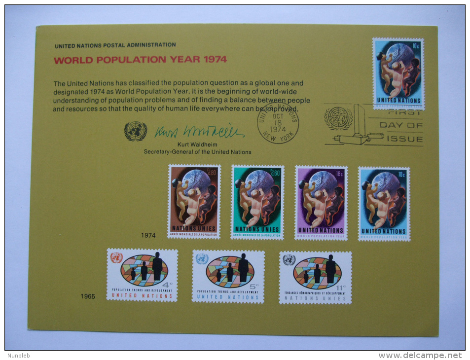 UNITED NATIONS FDC SOUVENIR CARD NEW YORK POSTMARK WORLD POPULATION YEAR 1974 - Other & Unclassified