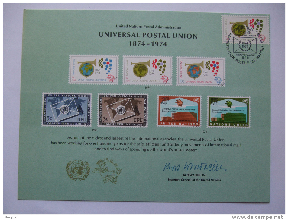 UNITED NATIONS FDC SOUVENIR CARD GENEVA POSTMARK UNIVERSAL POSTAL UNION 1974 - Sonstige & Ohne Zuordnung