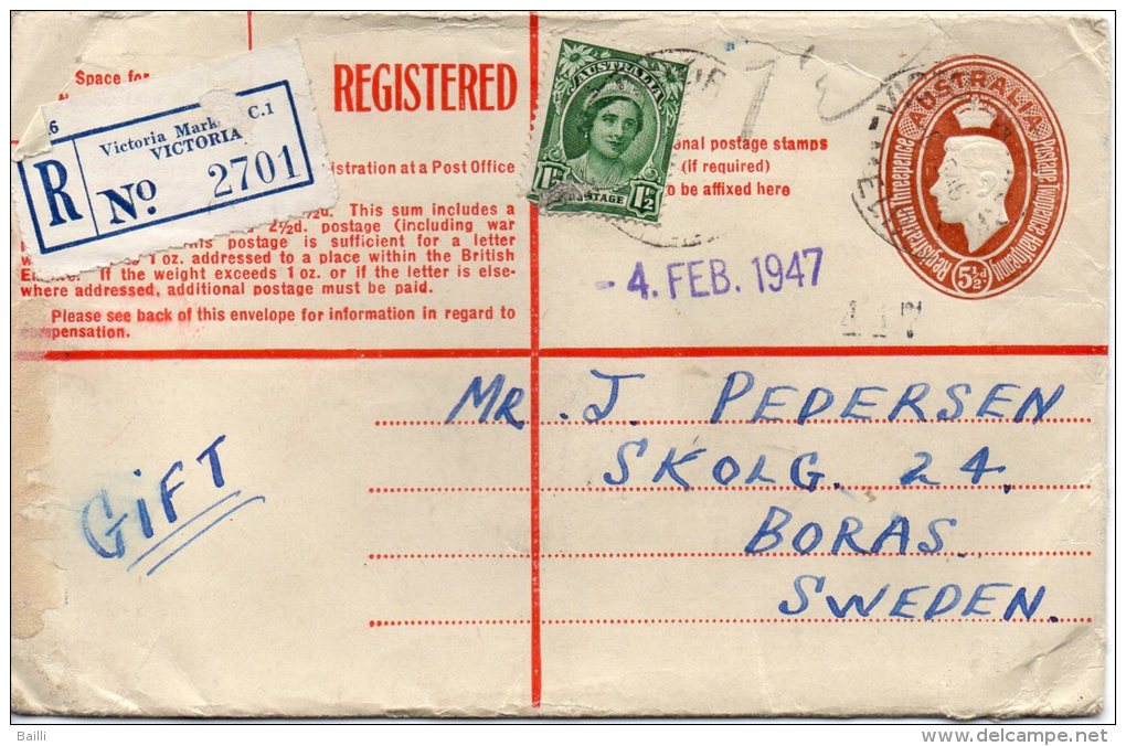 AUSTRALIE ENTIER POSTAL RECOMMANDE POUR LA SUEDE 1947 - Briefe U. Dokumente