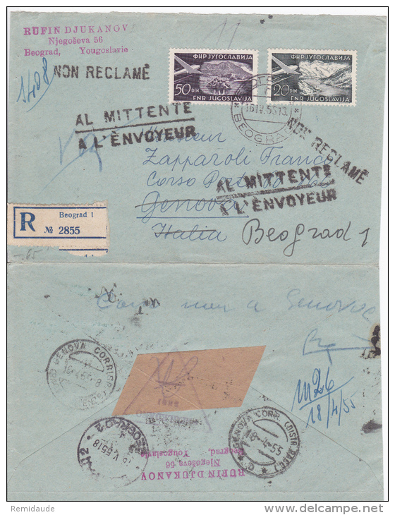 YOUGOSLAVIE - 1955 - ENVELOPPE RECOMMANDEE De BELGRADE Pour GENOVA (ITALY) "NON RECLAME" => RETOUR - Lettres & Documents