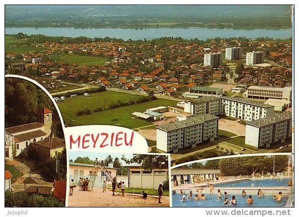 Meyzieu - Circulé 1974 - Piscine, Tobbogan école? Vue , église - Meyzieu