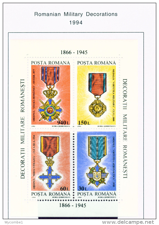 ROMANIA - 1994  Medals Miniature Sheet  Unmounted Mint - Ungebraucht