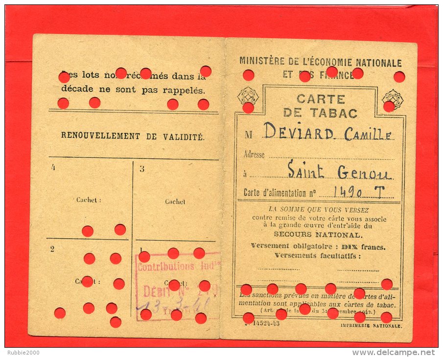 CARTE DE RAVITAILLEMENT DE TABAC MODELE 1943 SAINT GENOU INDRE DEBIT CAILLOU A CHATEAUROUX SECOURS NATIONAL ALIMENTATION - Documents