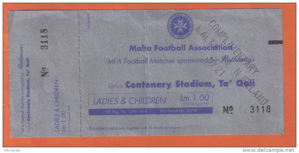 MALTA FOOTBALL ASSOCIATION  - MALTA  VS  N.IRELAND  UNDER 21  MATCH TICKET  2001 - LM1 - Tickets D'entrée