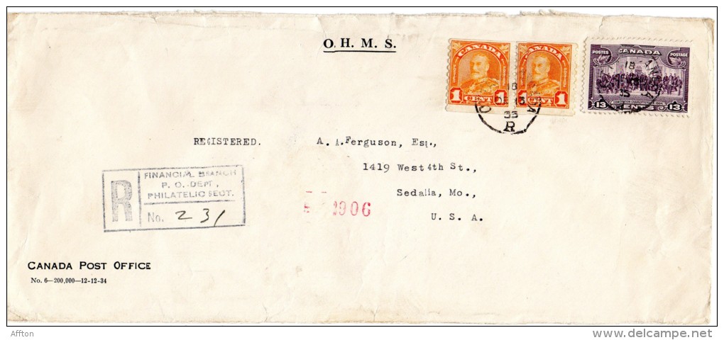Canada 1935 O.H.M.S. Cover Mailed To USA - Lettres & Documents