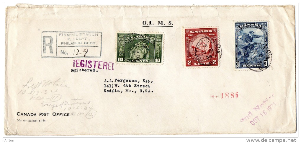 Canada 1934 O.H.M.S. Cover Mailed To USA - Covers & Documents