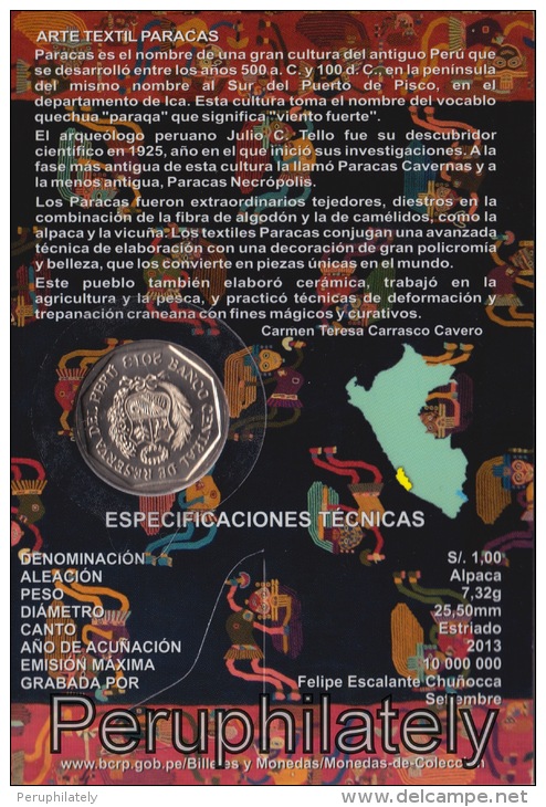 PERU 2013, ARTE TEXTIL PARACAS , 1 NUEVO SOL , COIN ON CARD , MINT - Perú