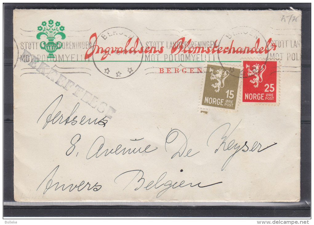 Norvège - Lettre De 1949 - Fleuriste - Expédié Vers La Belgique - Oblitération Bergen - Avec Griffe - Covers & Documents