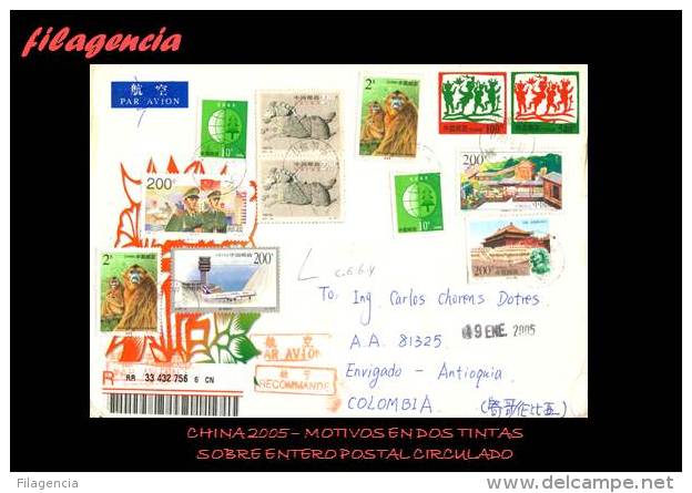 ASIA. CHINA. ENTEROS POSTALES. SOBRE ENTERO POSTAL 2004. MOTIVO EN DOS TINTAS. SOBRE CIRCULADO CHINA-COLOMBIA - Enveloppes