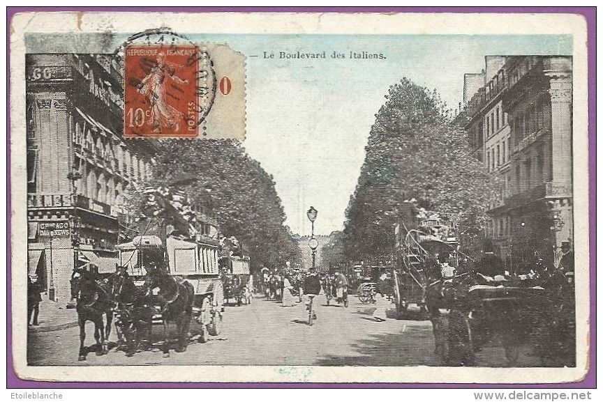 Timbre Semeuse Rouge 10c, Bord Numéro 0 - Cachet Poste 1911 - Sur CPA PARIS (75) Boulevard Des Italiens - Otros & Sin Clasificación