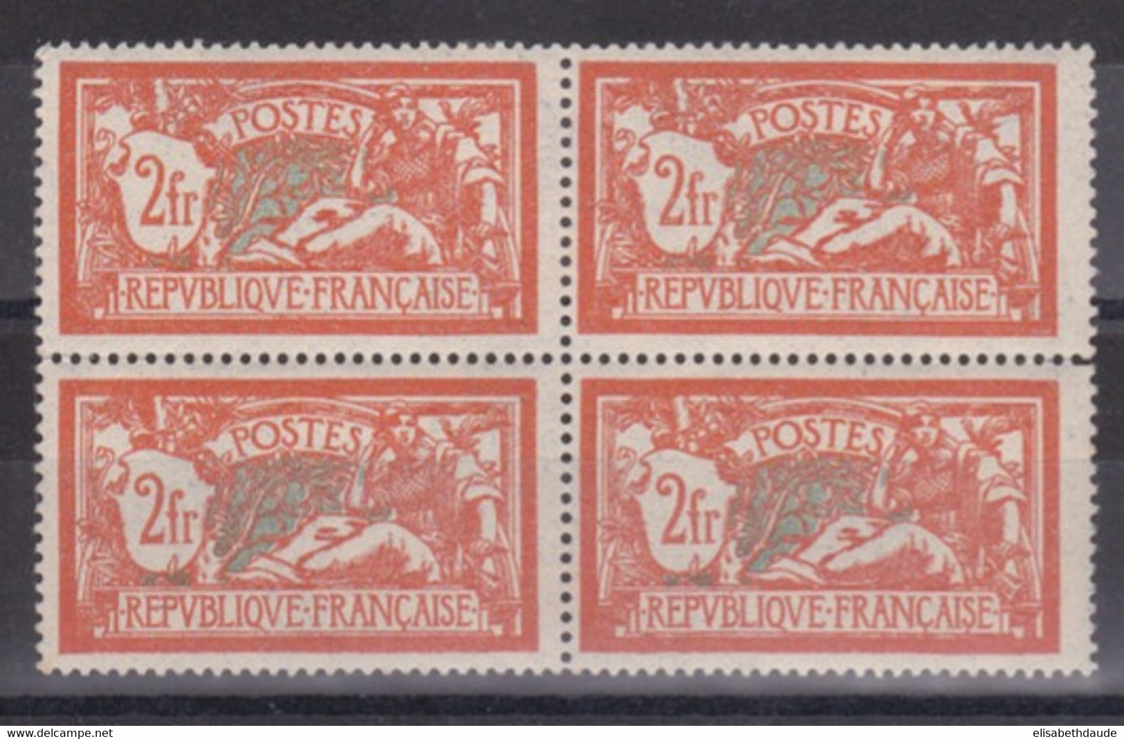 1907 - YVERT N°145 **/* BLOC De 4 - CHARNIERE LEGERE SUR 2 TIMBRES DU HAUT - COTE = 410 EURO - 1900-27 Merson