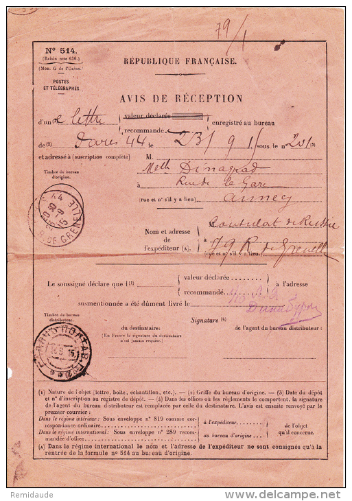 1915 - RARE AVIS DE RECEPTION D'un ENVOI RECOMMANDE Du CONSULAT De RUSSIE à PARIS Avec CACHET POSTAL RUSSE - SEMEUSE - Brieven En Documenten