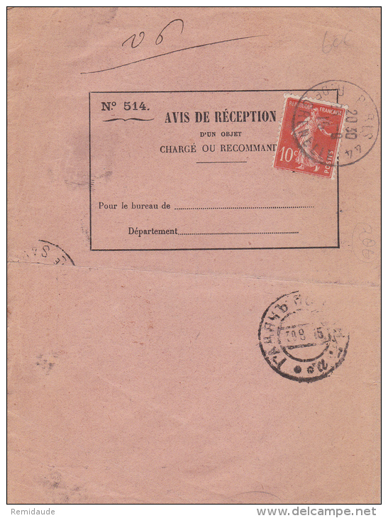 1915 - RARE AVIS DE RECEPTION D'un ENVOI RECOMMANDE Du CONSULAT De RUSSIE à PARIS Avec CACHET POSTAL RUSSE - SEMEUSE - Cartas & Documentos