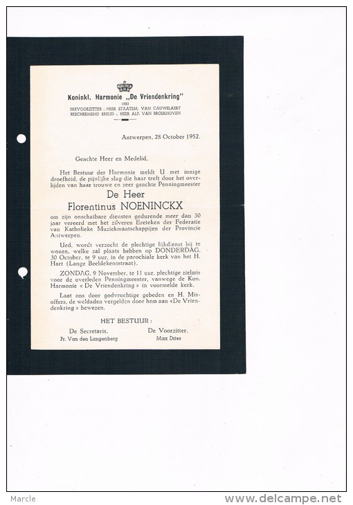 Antwerpen1952 Kon. Harmonie De Vriendenkring Meldt Het Overlijden Van Florentinus NOENINCKX - Obituary Notices