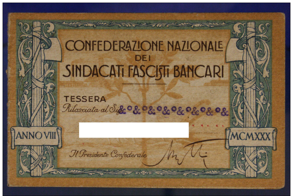 TESSERA CONFEDERAZIONE NAZIONALE DEI SINDACATI FASCISTI BANCARI 1930 VENEZIA #T432 - Documenti Storici