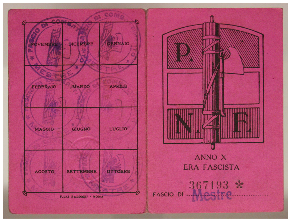 TESSERA PARTITO NAZIONALE FASCISTA P.N.F. FASCIO DI MESTRE 1932 #T447 - Documenti Storici