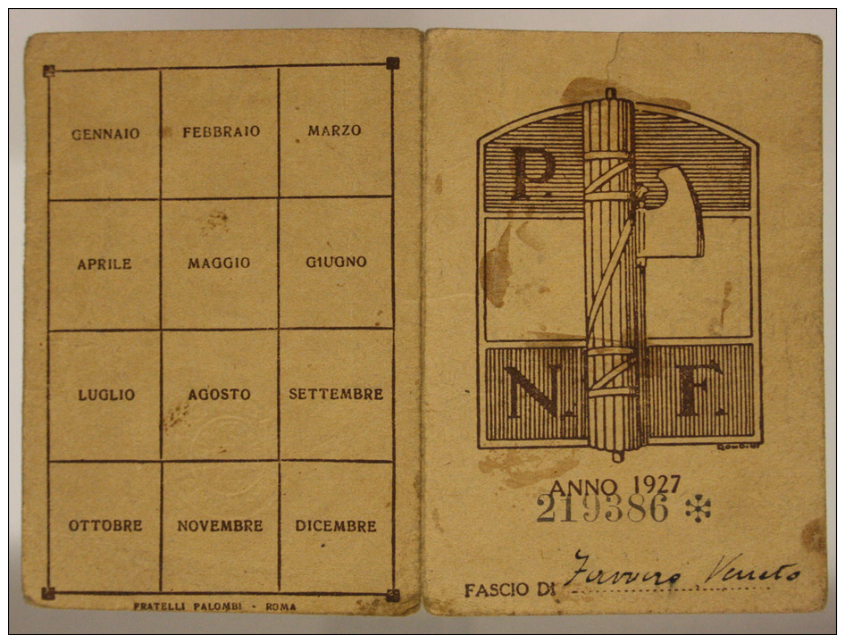 TESSERA PARTITO NAZIONALE FASCISTA P.N.F. FASCIO DI FAVARO VENETO 1927 #T448 - Documenti Storici