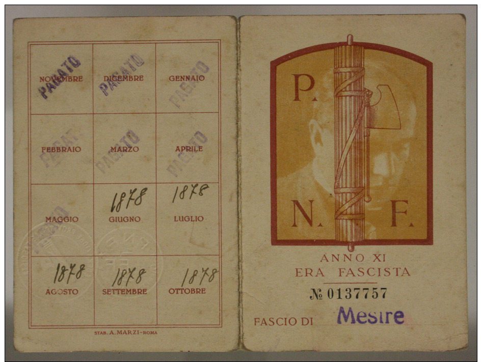 TESSERA PARTITO NAZIONALE FASCISTA P.N.F. FASCIO DI MESTRE 1933 #T449 - Documenti Storici