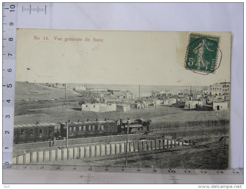 CPA  Egypte - No 14. Vue Generale De Suez, Beau Plan Train, Cachet Maritime Marseille à La Réunion LV N°4 - 1907 - Suez