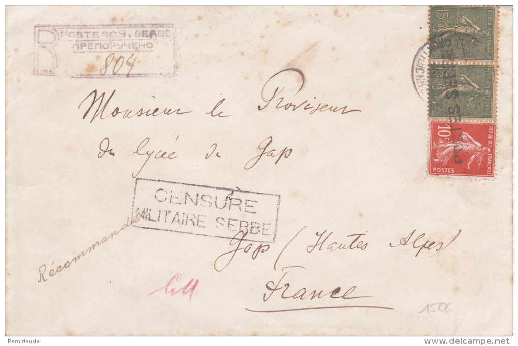 1917 - RARE ENVELOPPE RECOMMANDEE Avec CENSURE MILITAIRE SERBE De CORFOU Pour GAP - SEMEUSES - Guerre (timbres De)