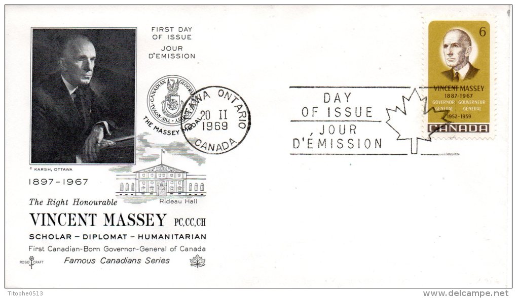 CANADA. N°412 Sur Enveloppe 1er Jour (FDC) De 1969. Vincent Massey. - 1961-1970