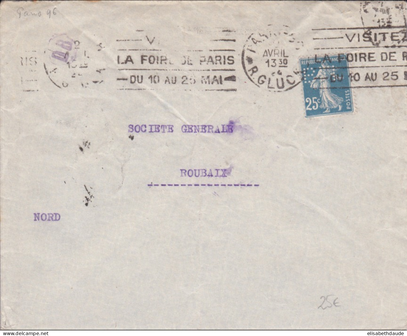 1924 - SEMEUSE PERFOREE / PERFIN B.F.I (BANQUE FRANCAISE ET ITALIENNE Pour L'AMERIQUE DU SUD) / ENV. De PARIS => ROUBAIX - Lettres & Documents