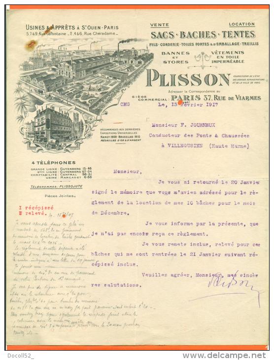 Dpt  75 Paris  " Courrier Plisson - Usine De Sacs - Baches - Tentes  -1917 - Sport En Toerisme