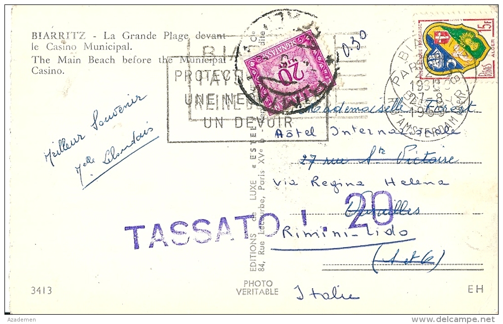 Cp De Biaritz Réacheminée Et Taxée Pour Rimini  1959 - Taxe